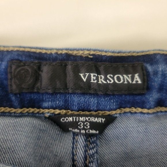 Versona Womens Jeans Size 33 Actual W35 x L26.5 Mom Embroidered Hem Blue Denim - Picture 10 of 15